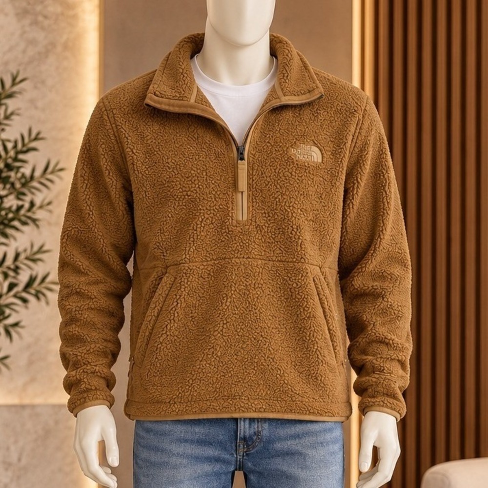 The North Face Mens Fleece Pullover Sherpa Quarter Zip Brown Small